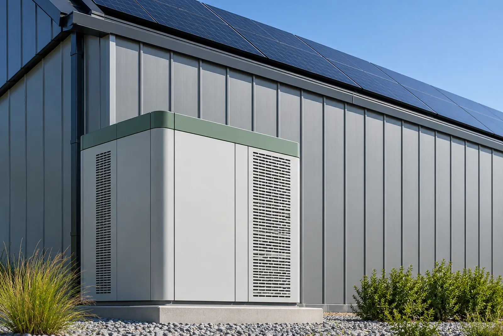 Batterijkast op een betonnen poer naast de gevel van een bedrijfspand met zonnepanelen