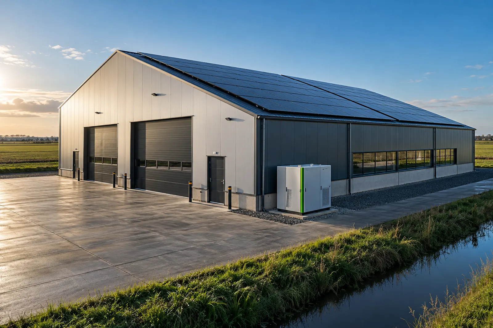 Bedrijfsloods in het Friese polderland met zonnepanelen op het dak en een batterijkast naast de gevel